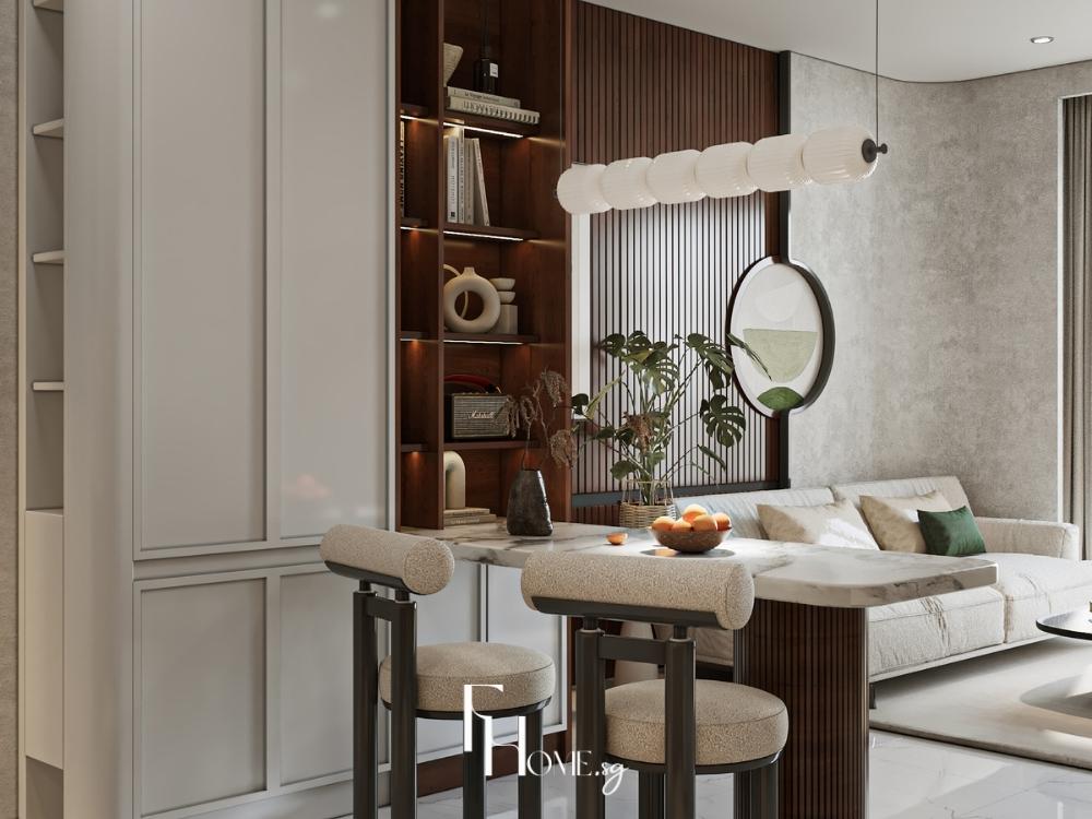 Phòng khách phong cách Wabi Sabi với liên thông phòng bếp