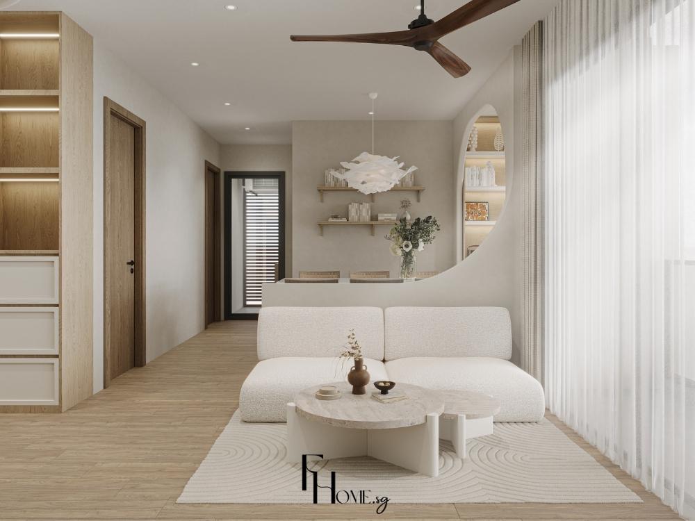 Phòng khách Wabi Sabi với sofa vải nỉ êm ái và bàn trà độc đáo, tạo không gian bình yên, gần gũi thiên nhiên