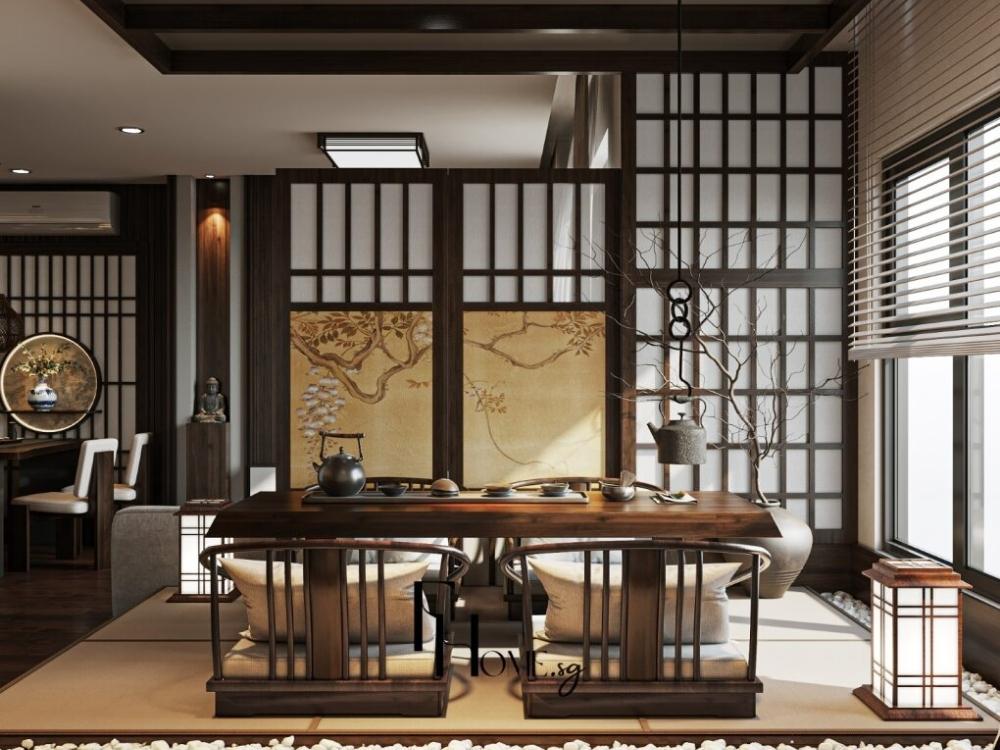 Phòng khách pjhong cách Zen với bàn trà gỗ tự nhiên