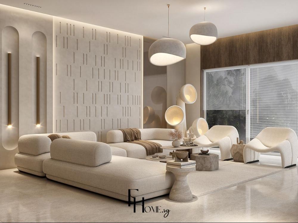 Phòng khách biệt thự sử dụng màu sắc tinh tế, hài hòa và điểm nhấn sắc sảo, tạo không gian sang trọng