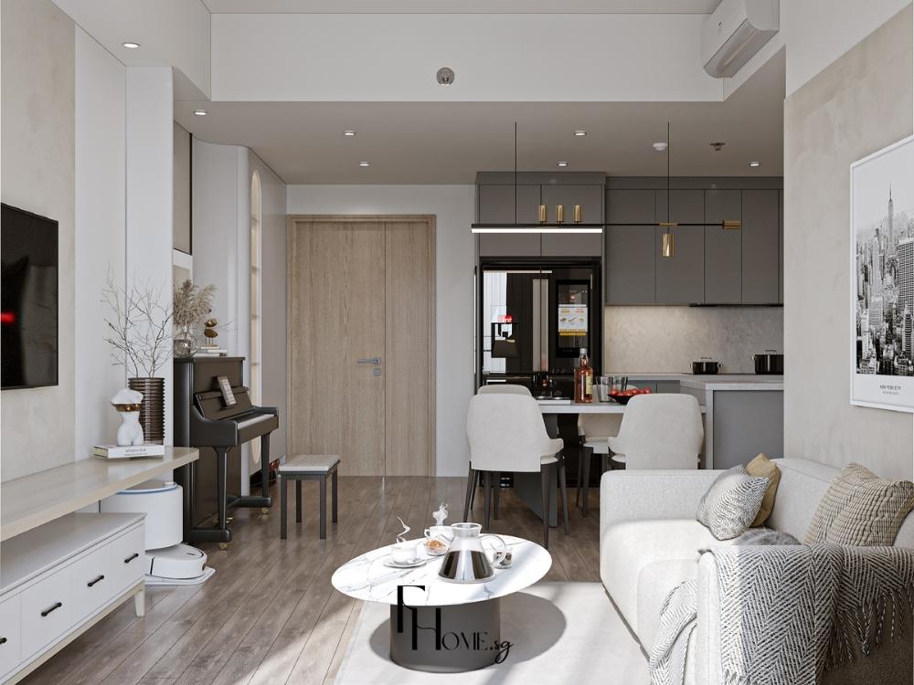 Phòng khách bố trí liền bếp, sử dụng nội thất thông minh và tông màu ấm