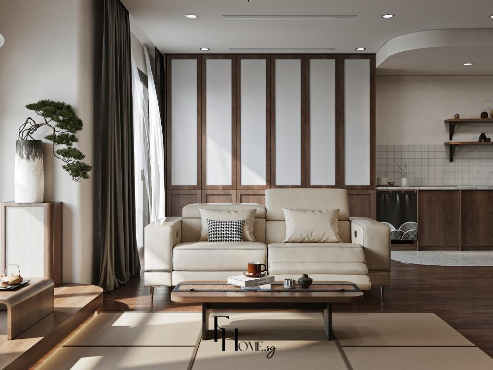 Phòng khách căn hộ 1 phòng ngủ phong cách Nhật Bản, với sofa gỗ tự nhiên