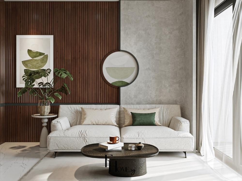 Phòng khách căn hộ 1 phòng ngủ phong cách hiện đại, với sofa tinh tế