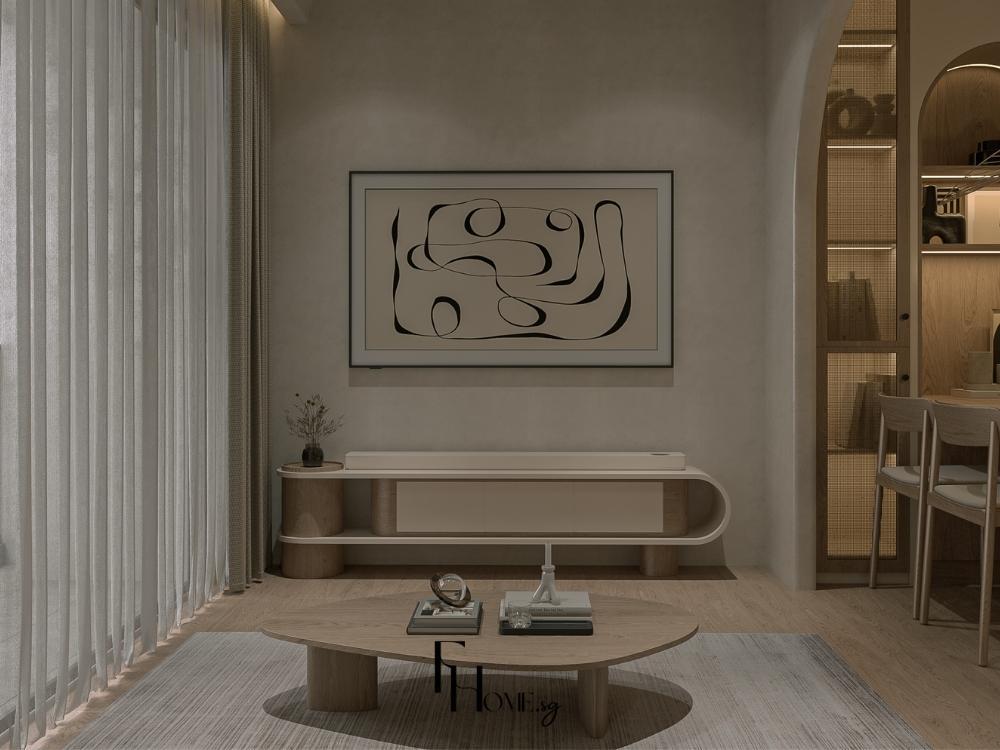 Phòng khách căn hộ 1 phòng ngủ với sofa giường đa năng, không gian mở và linh hoạt