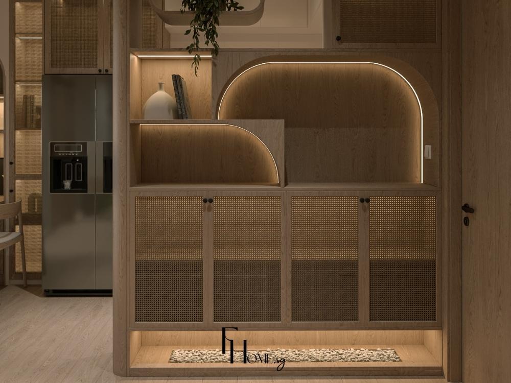 Phòng khách căn hộ 1 phòng ngủ với tủ tre 