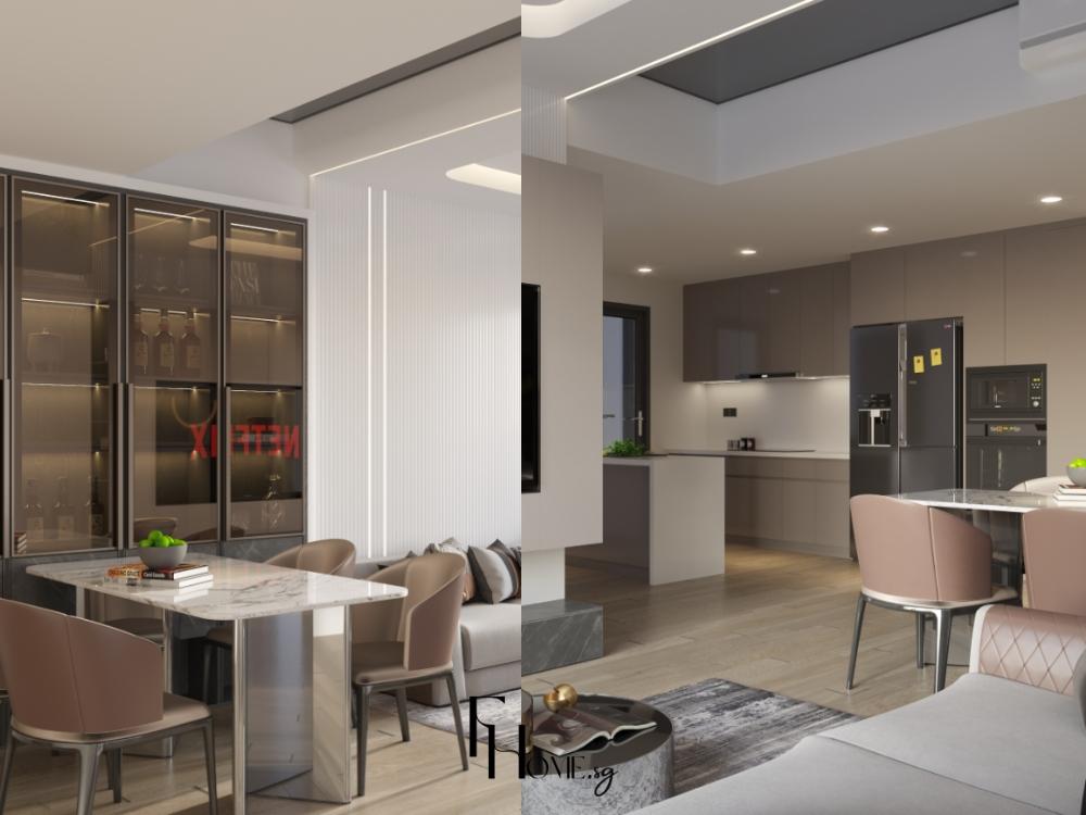 Phòng khách căn hộ 100m² 3 phòng ngủ với sofa chữ L, bàn trà gỗ, ánh sáng tự nhiên và kết nối trực tiếp với khu bếp