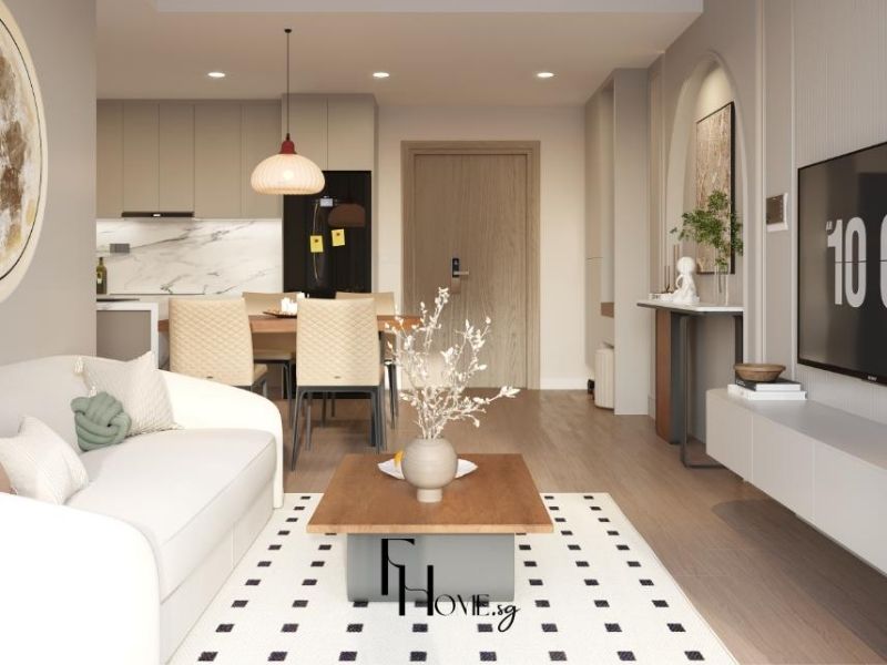 Thiết kế phòng khách liền bếp chung cư 80m2 sử dụng bàn ăn ngăn cách tự nhiên