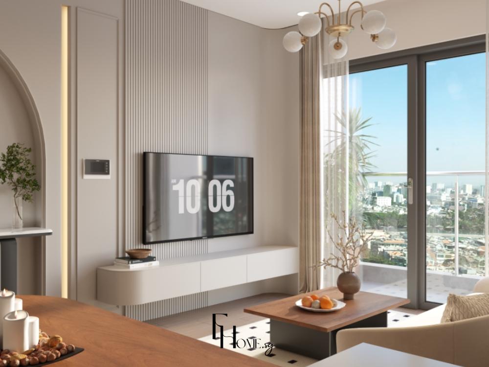 Phòng khách căn hộ 75m² với sofa màu be, bàn trà gỗ sáng, kệ tivi tối giản và cửa kính lớn đón sáng tự nhiên