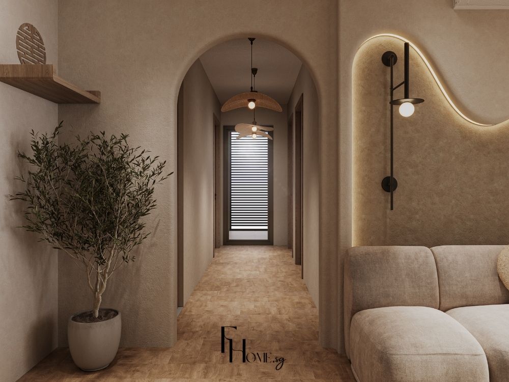 Phòng khách phong cách Wabi Sabi với ghế sofa mộc mạc, bàn gỗ và ánh sáng tự nhiên