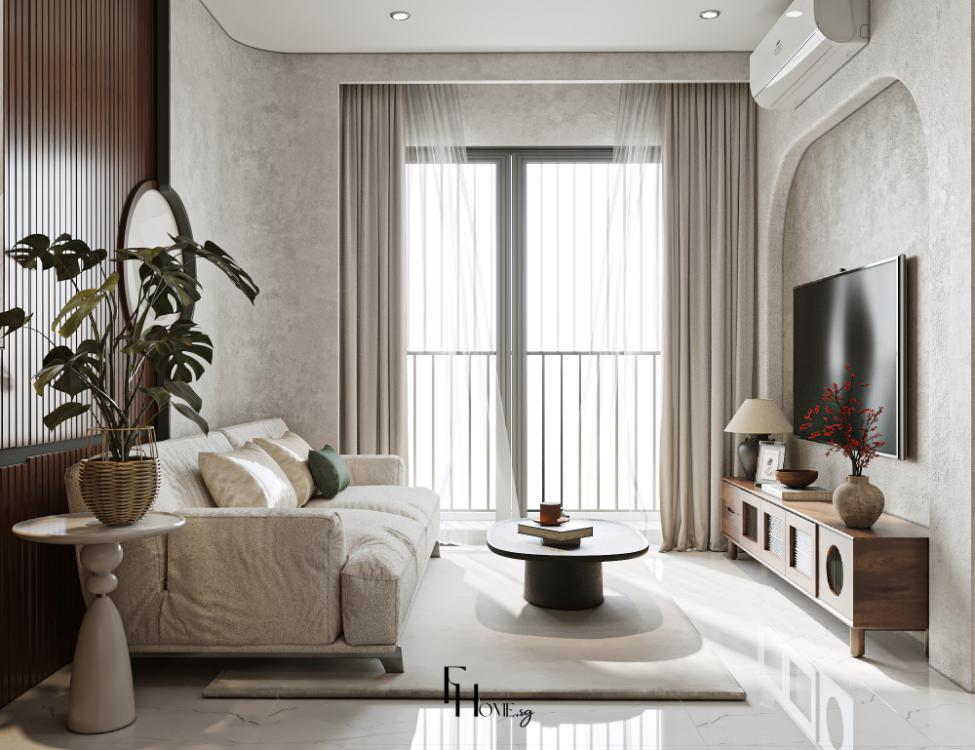 Phòng khách căn hộ Vinhomes Grand Park 46m2 phong cách Wabi Sabi tone trầm view 5
