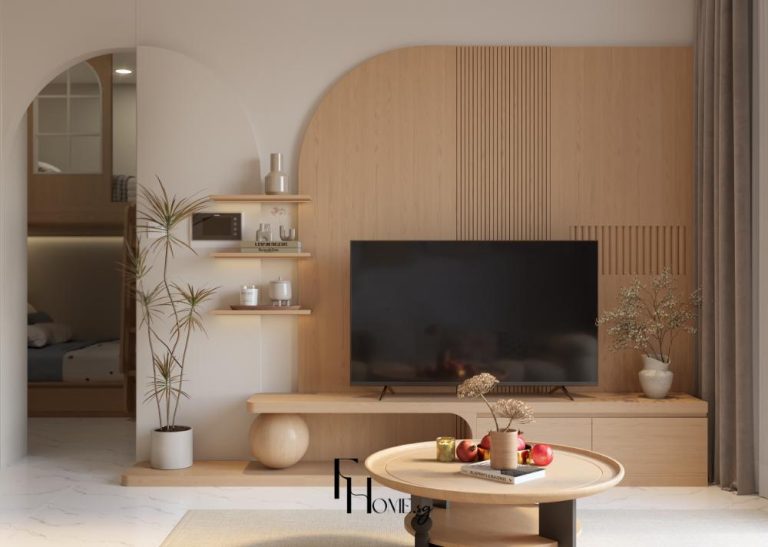 Phòng khách căn hộ Vinhomes Grand Park 54m2 phong cách Wabi Sabi mix Japandi view 1