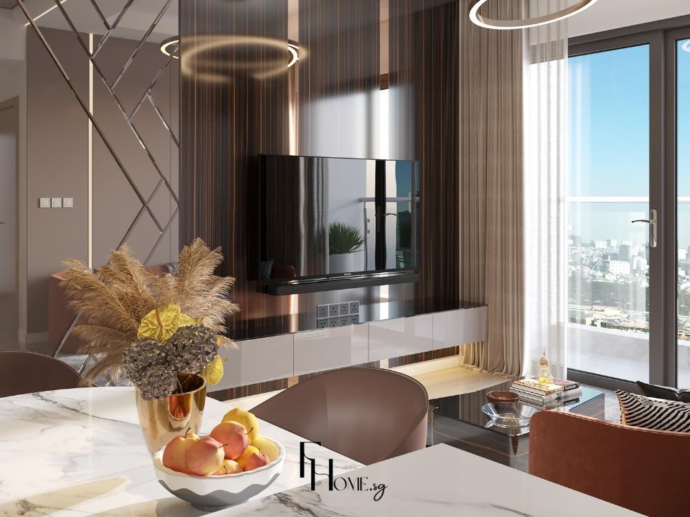 Phòng khách căn hộ cho thuê với sofa bền, dễ vệ sinh, thiết kế tiện dụng và thoải mái