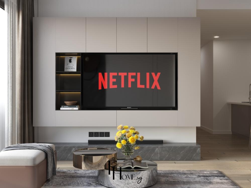 Phòng khách căn hộ chung cư 100m2 với kệ treo TV lên tường