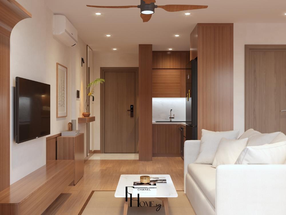 Phòng khách căn hộ chung cư 2 phòng ngủ phong cách Japandi