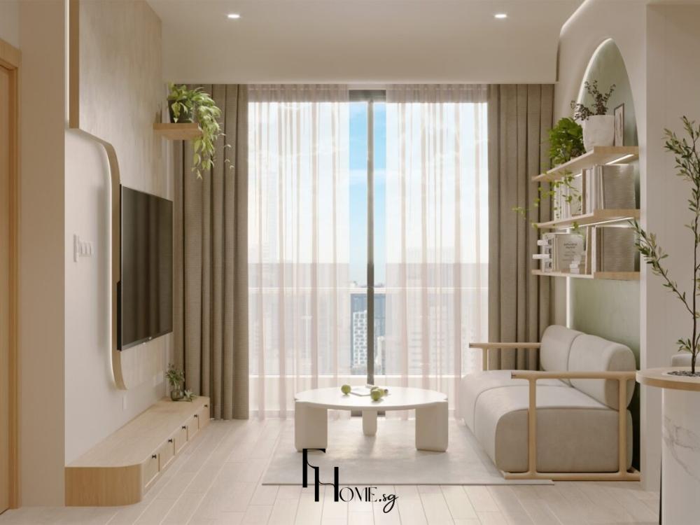 Phòng khách chung cư 100m² với sofa góc màu be, bàn trà thấp, kệ tivi treo tường
