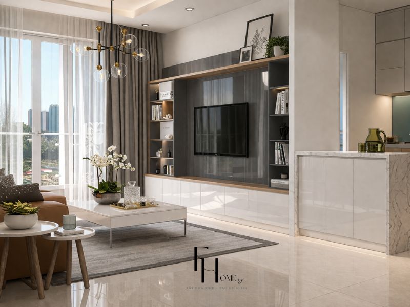 Phòng khách chung cư 100m2 hiện đại liên thông bếp tủ TV gỗ xám kệ mở và đảo bếp marble trắng vân xám