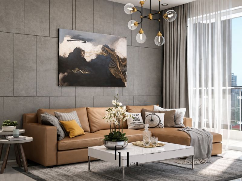 Phòng khách chung cư 100m2 phong cách hiện đại sofa da camel tường bê tông xám và đèn thả quả cầu kính chân đồng