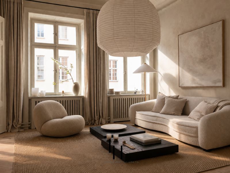 Phòng khách chung cư 100m2 phong cách japandi sofa cong bouclé trắng ngà armchair hữu cơ bàn trà gỗ đen thảm đay và đèn lồng giấy trắng kích thước lớn