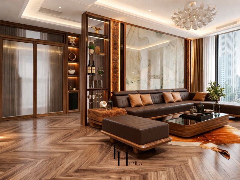 Phòng khách chung cư 100m2 luxury tường marble trắng vân xanh sofa da góc kệ rượu gỗ LED và đèn chùm thủy tinh thổi tay
