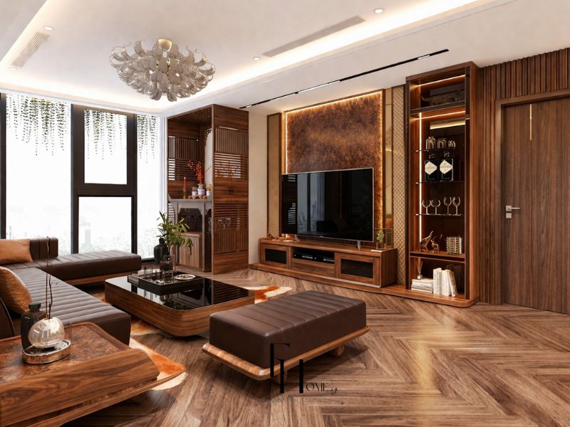 Phòng khách chung cư 100m2 phong cách luxury sofa da nâu chocolate tường TV đá nâu đồng LED vách lam gỗ và sàn xương cá óc chó