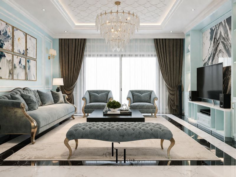 Phòng khách chung cư 100m2 phong cách tân cổ điển góc tủ TV xanh mint tích hợp kệ trang trí rèm nhung nâu xám