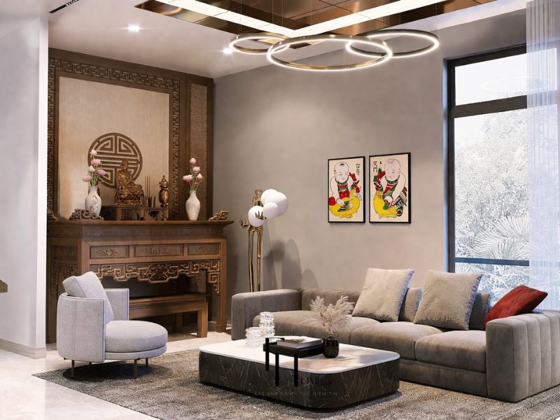 Phòng khách chung cư 100m2 phong cách tối giản góc thờ gỗ chạm khắc kết hợp sofa vải xám hiện đại