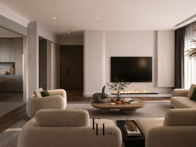 Phòng khách chung cư 100m2 wabi sabi liên thông bếp lò sưởi bioethanol âm tường armchair bouclé be và cành lá khô góc cửa sổ