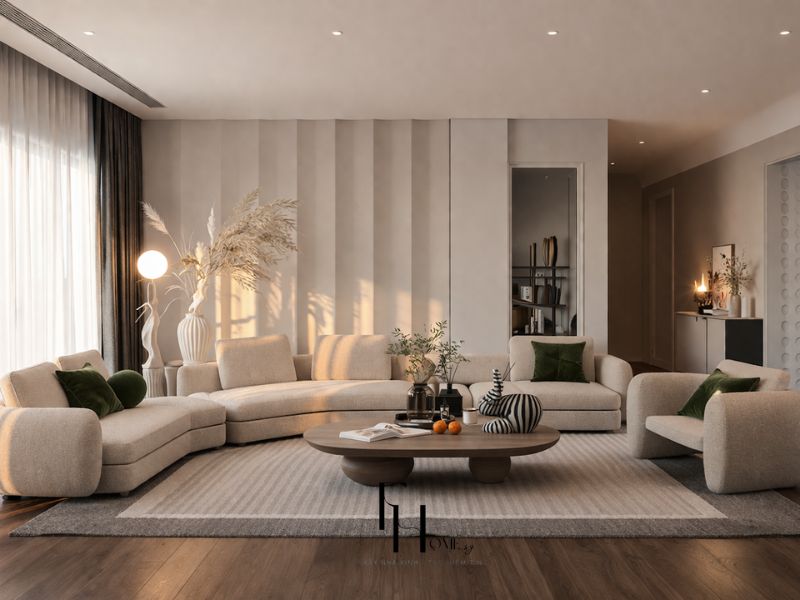 Phòng khách chung cư 100m2 phong cách wabi sabi sofa cong bouclé be tường lam dọc bàn trà gỗ bầu dục thảm dệt thủ công và cỏ pampas khô