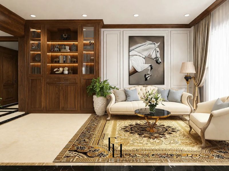 Phòng khách chung cư 100m2 tối ưu ánh sáng tự nhiên cửa sổ lớn rèm vải mỏng tường phào chỉ trắng sofa kem khung gỗ chạm và tủ gỗ walnut kệ LED