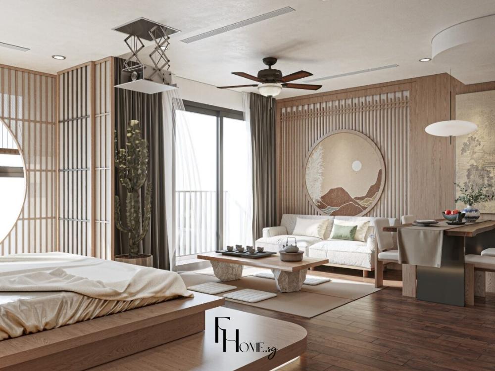 Phòng khách chung cư 20m² với thiết kế liên thông, kết hợp vơi phòng ngủ