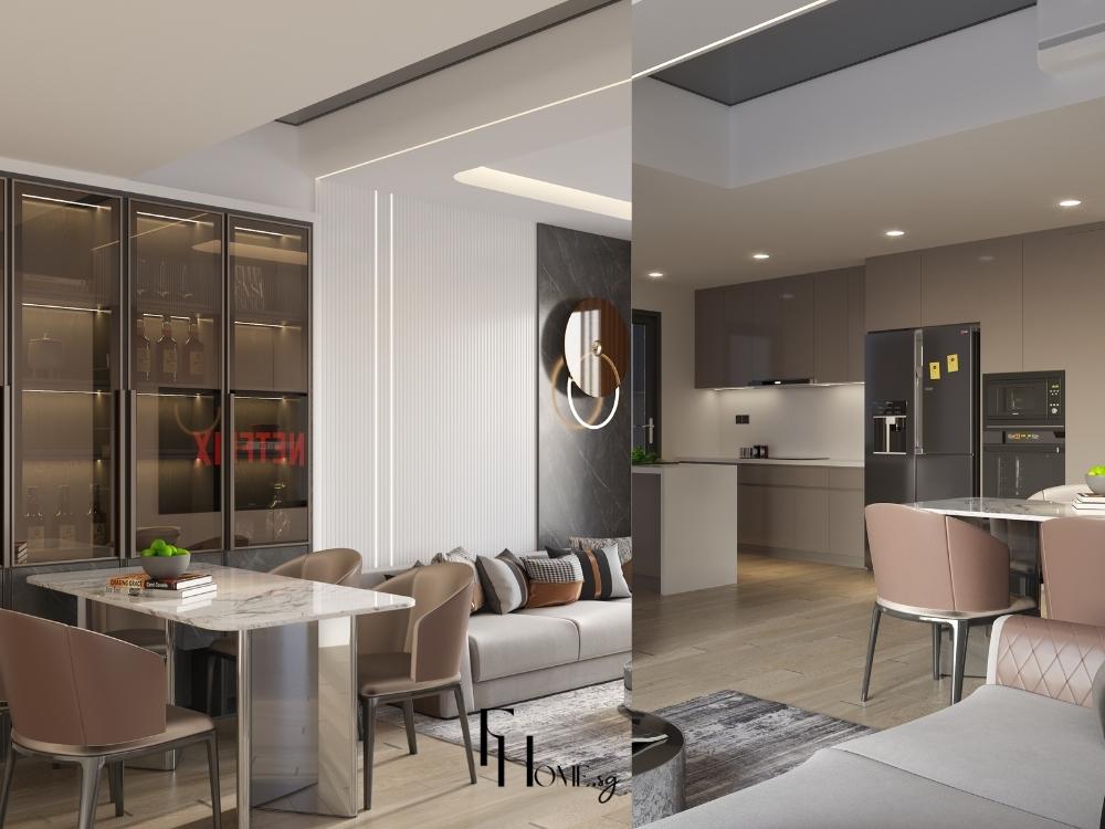 Phòng khách chung cư 25m² với thiết kế cân bằng, tạo không gian rộng rãi và thoải mái.