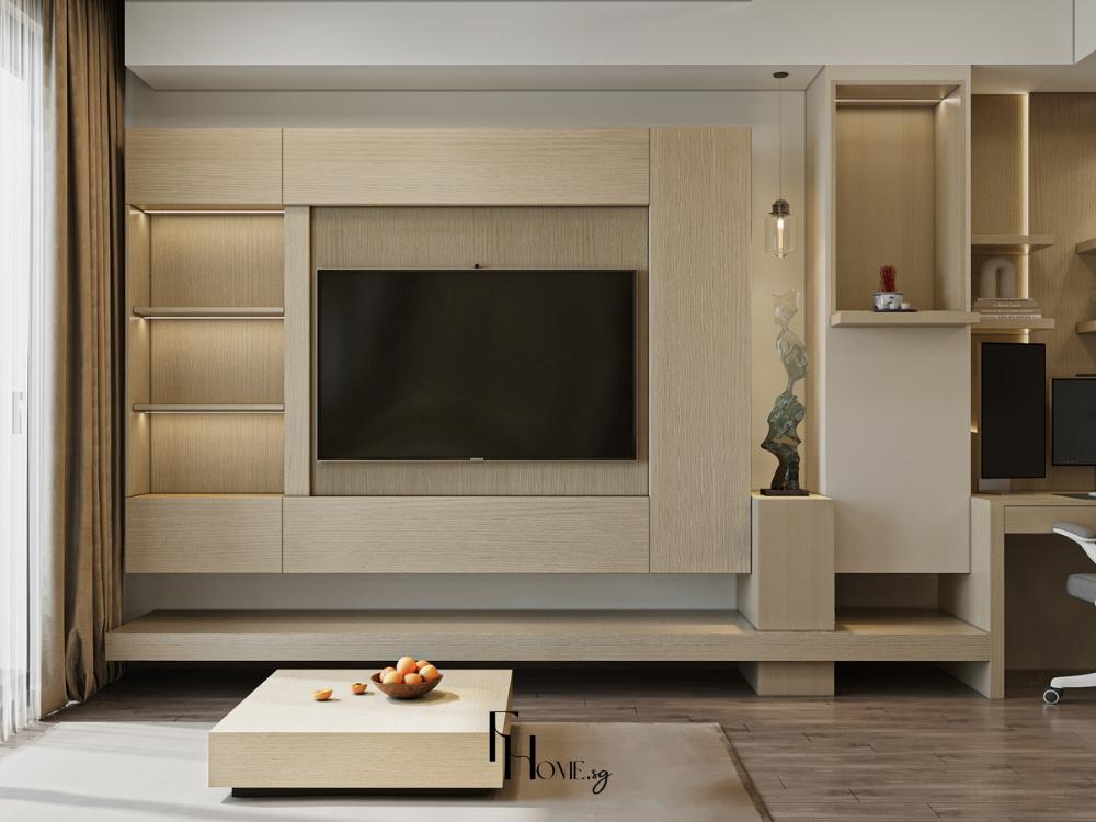 Phòng khách Phong Cách tối giản kệ TiVi treo tường bằng gỗ âm tường