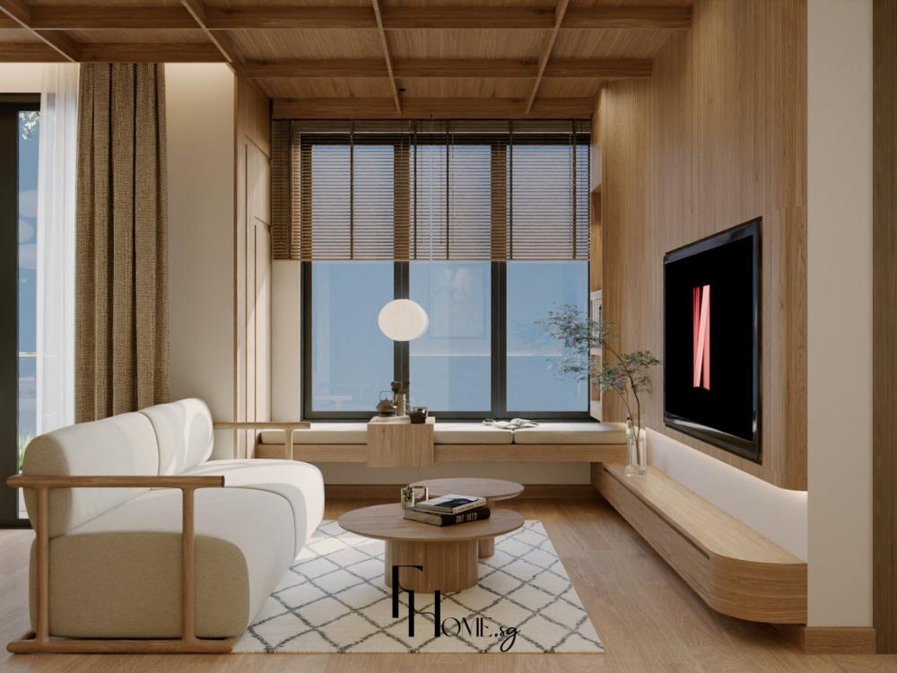 Phòng khách phong cách Japandi với gỗ sồi, mây và gốm sứ, không gian ấm cúng, tối giản.