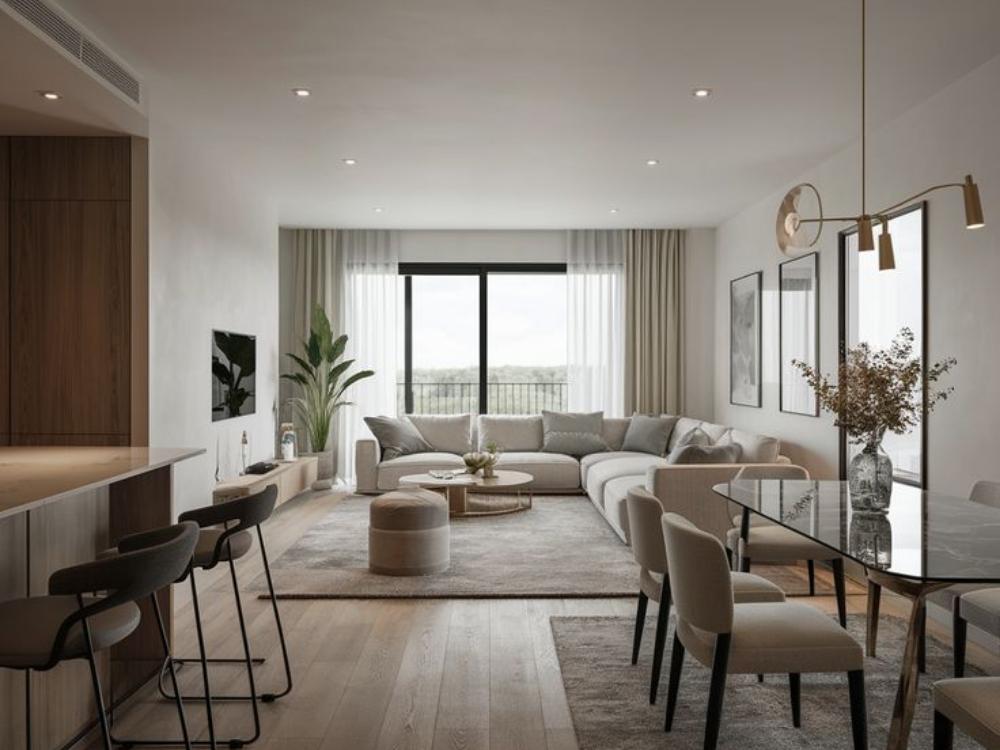 Phòng khách chung cư 30m² với nội thất hiện đại, kích thước phù hợp và màu sắc hài hòa