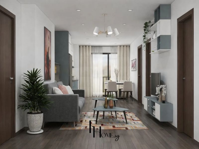 Tổng thể chung cư 45m2 1 phòng ngủ, khu sinh hoạt liên thông, bàn ăn sát cửa sổ và rèm vải be 