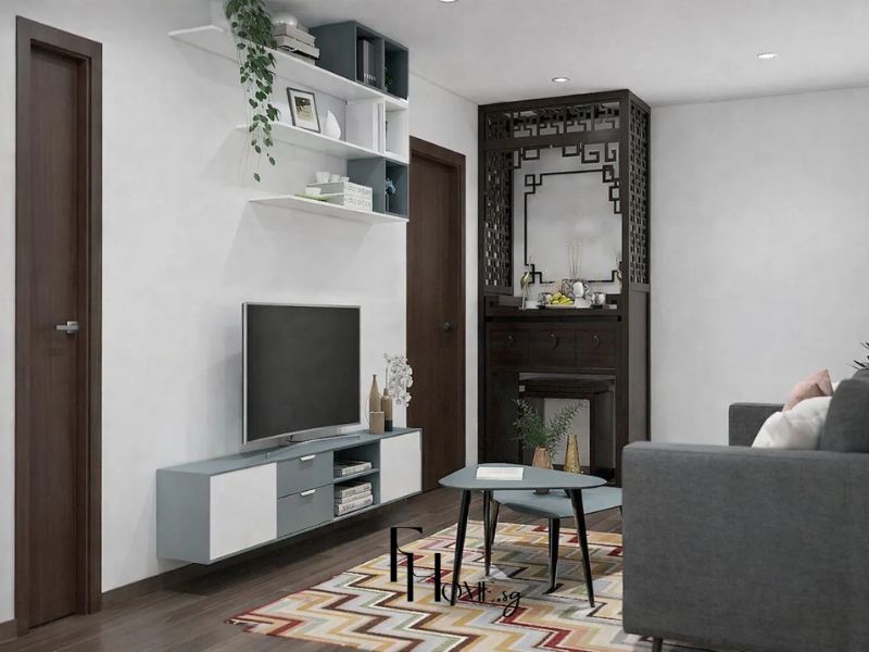 Phòng khách chung cư 45m2 1 phòng ngủ, sofa xám, bàn trà xanh mòng két và góc thờ gỗ nâu tối 