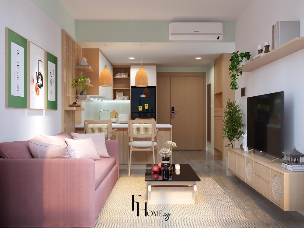 Phòng khách chung cư 45m2 Japandi với sofa hồng pastel, kệ mây đan gỗ oak và vách thanh lanh