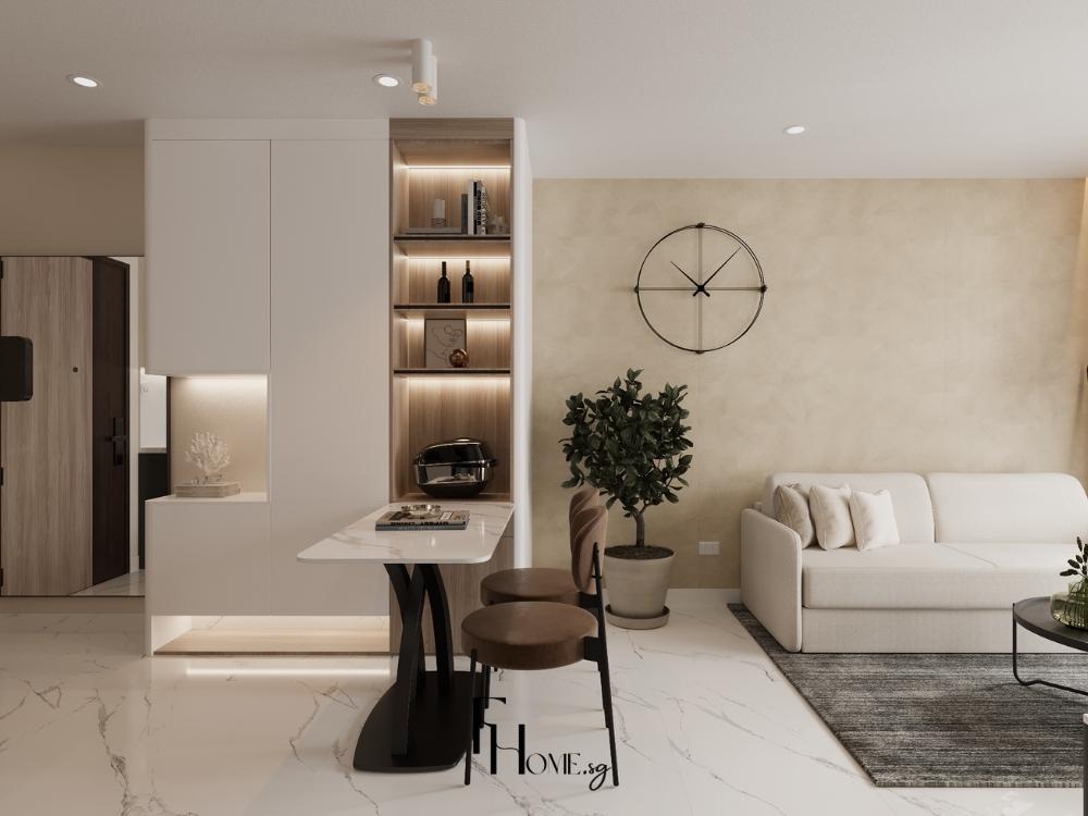 Phòng khách chung cư 45m2 Tối Giản với vách tủ trắng kệ oak LED, bàn ăn marble và tường vữa venetian