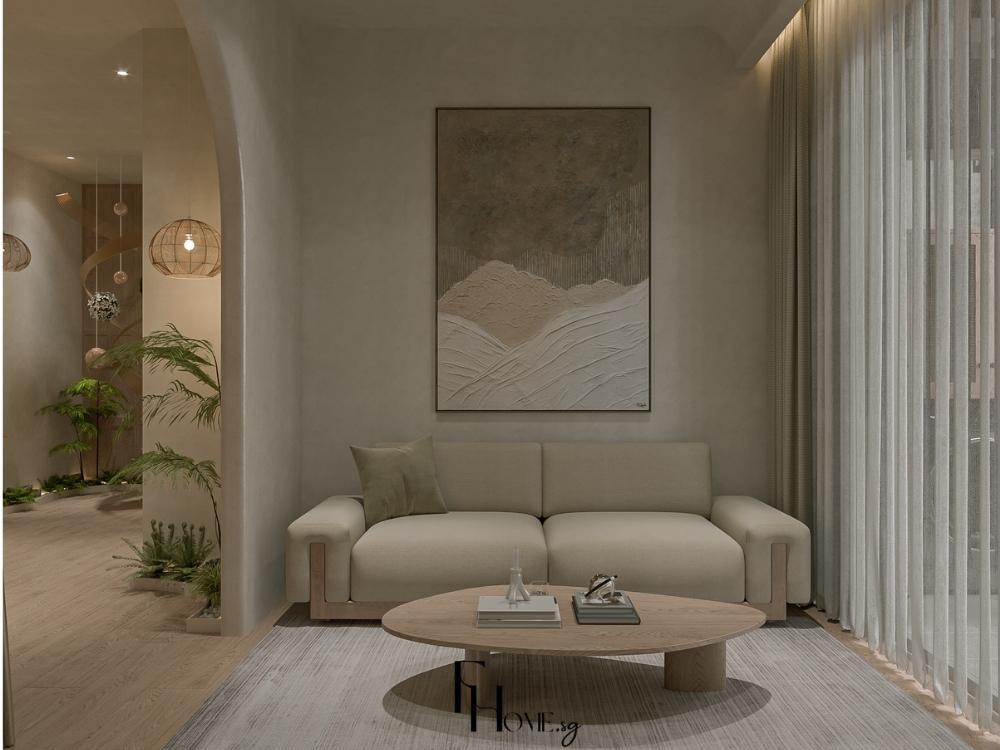 Phòng khách chung cư 45m2 phong cách Nhật Bản với sofa bouclé kem, bàn trà travertine oval và cổng vòm cây xanh