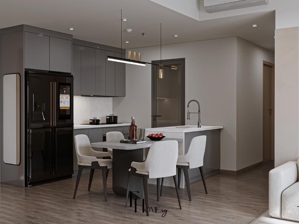 Phòng khách chung cư 45m2 thiết kế mở với cửa kính lớn đón sáng, kết nối liền mạch với khu vực ăn uống