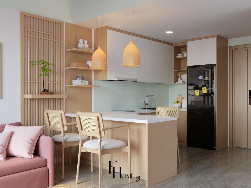 Phòng khách chung cư 45m2 với thiết kế liền kề bếp hiện đại, sử dụng vật liệu sáng màu và nội thất gọn gàng