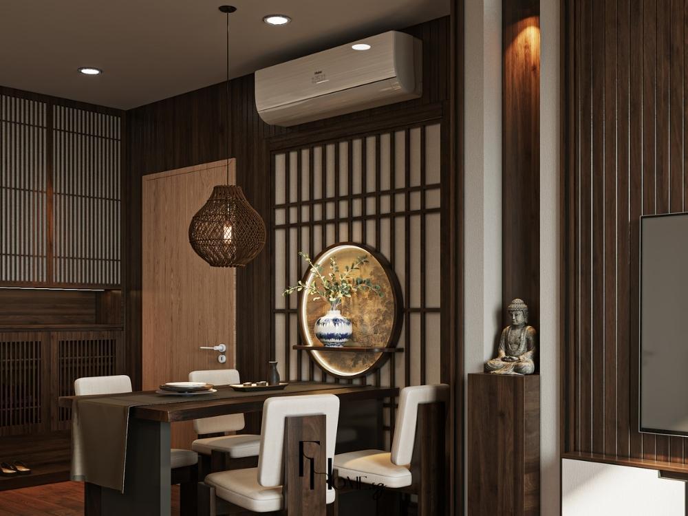 Phòng khách chung cư 50m² với nội thất gỗ