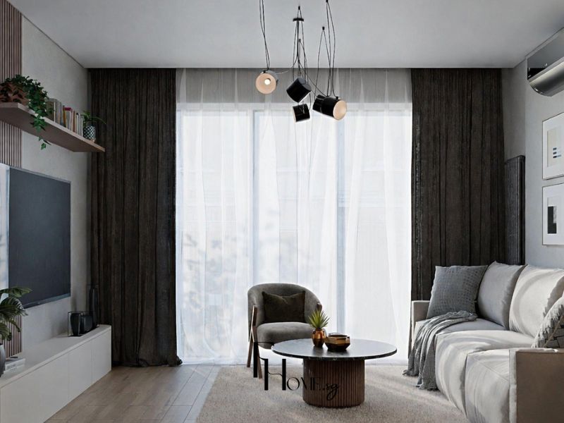 Phòng khách chung cư 50m2 1 phòng ngủ với kệ tivi trắng thấp sát sàn, tường ốp lanh tô gỗ sồi dọc và cụm đèn thả hỗn hợp đen đồng