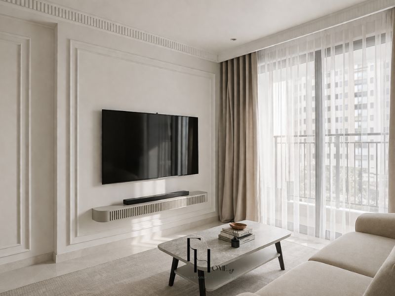 Phòng khách chung cư 55m2 với tường ốp phào trắng ngà, kệ tivi treo không chân và bàn trà mặt đá marble xám chân gỗ đen