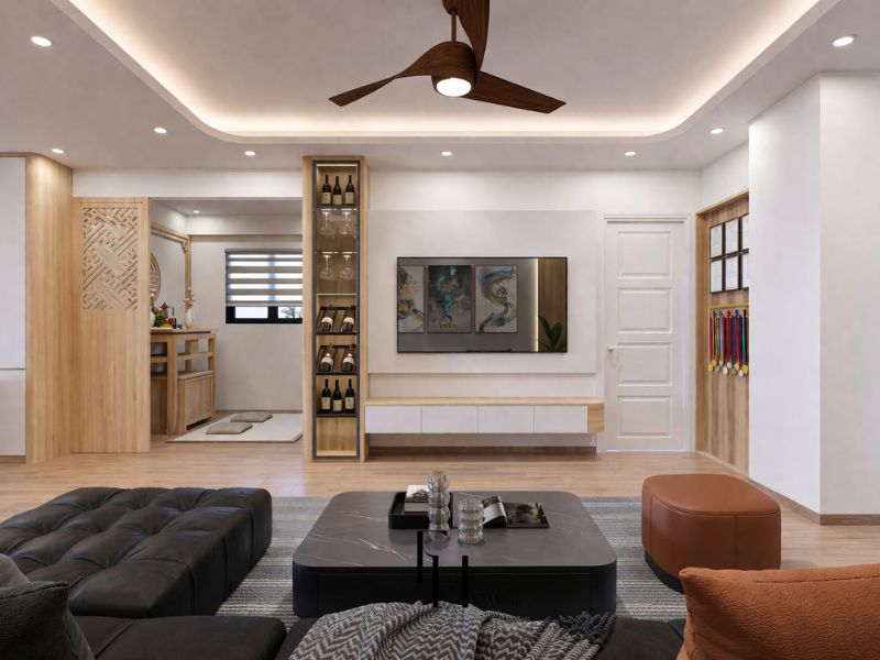 Góc tivi phòng khách chung cư 55m2 phong cách hiện đại với kệ tivi trắng treo tường, kệ rượu gỗ kính và vách ngăn gỗ đục lỗ