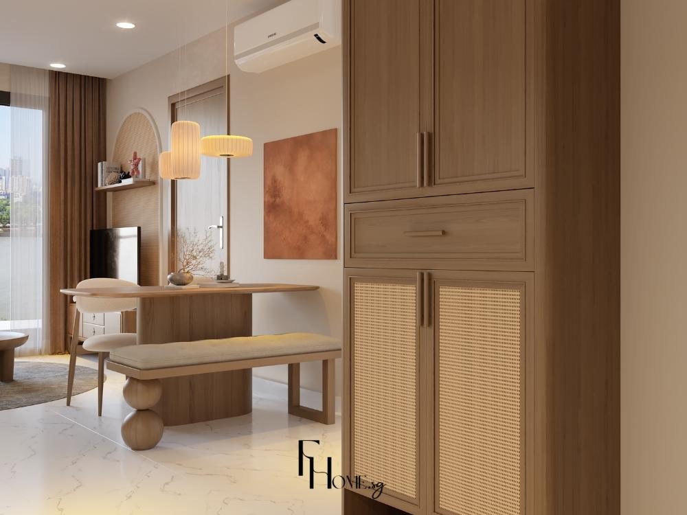 Phòng khách chung cư 60m² rộng rãi, với sofa gọn gàng, tường trắng sáng và ánh sáng tự nhiên