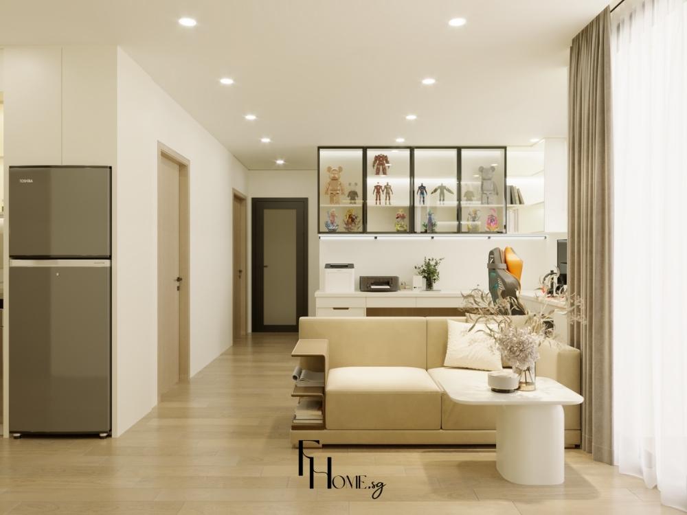 Phòng khách chung cư 60m² với sofa giường, bàn trà có ngăn chứa và kệ tivi treo tường, sử dụng gam màu sáng như trắng và be