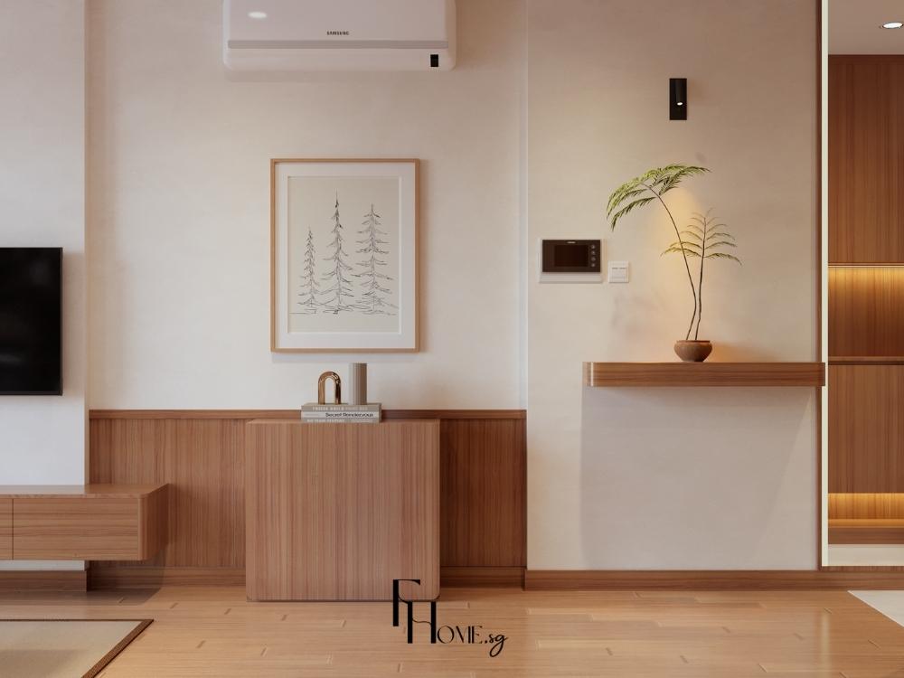 Phòng khách chung cư 60m² với tông màu gỗ sang trọng