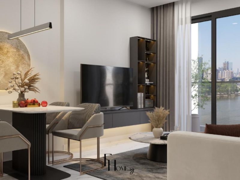 Phòng khách chung cư 60m2 liên thông bếp với kệ TV xám anthracite, sofa trắng kem, bàn trà marble và cửa kính full height view sông