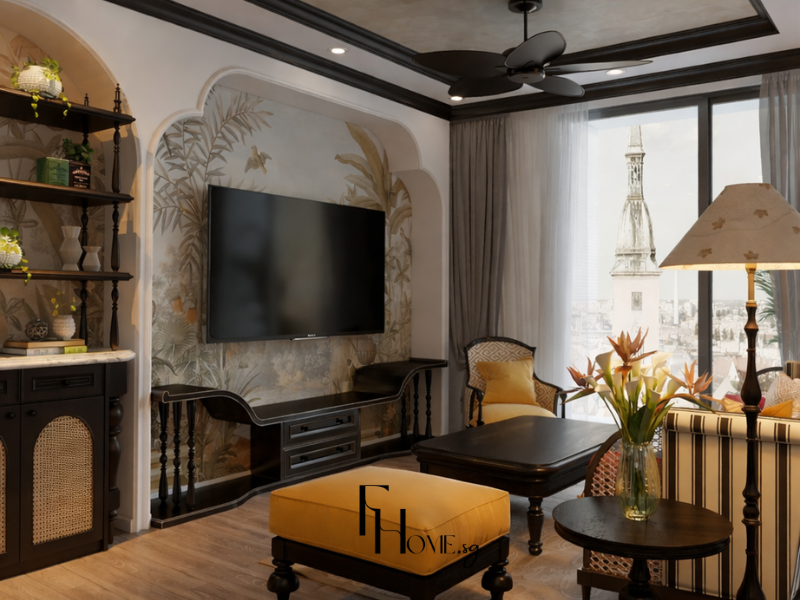 Phòng khách chung cư 68m2 phong cách Indochine với vòm cung Moorish giấy dán tường họa tiết nhiệt đới, kệ mây đan gỗ đen chân tiện và đôn da vàng nghệ